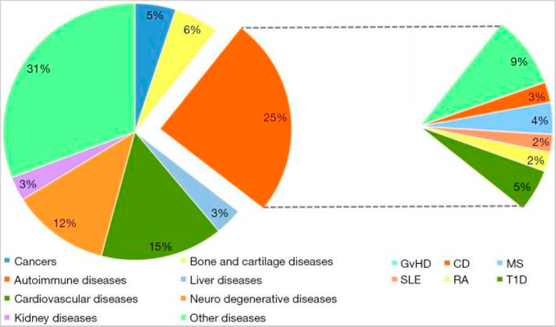 The ratio of clinical trials of stem cell-based therapy for some common indications registered in the international registry of Clinical Trials.gov as of 2016.