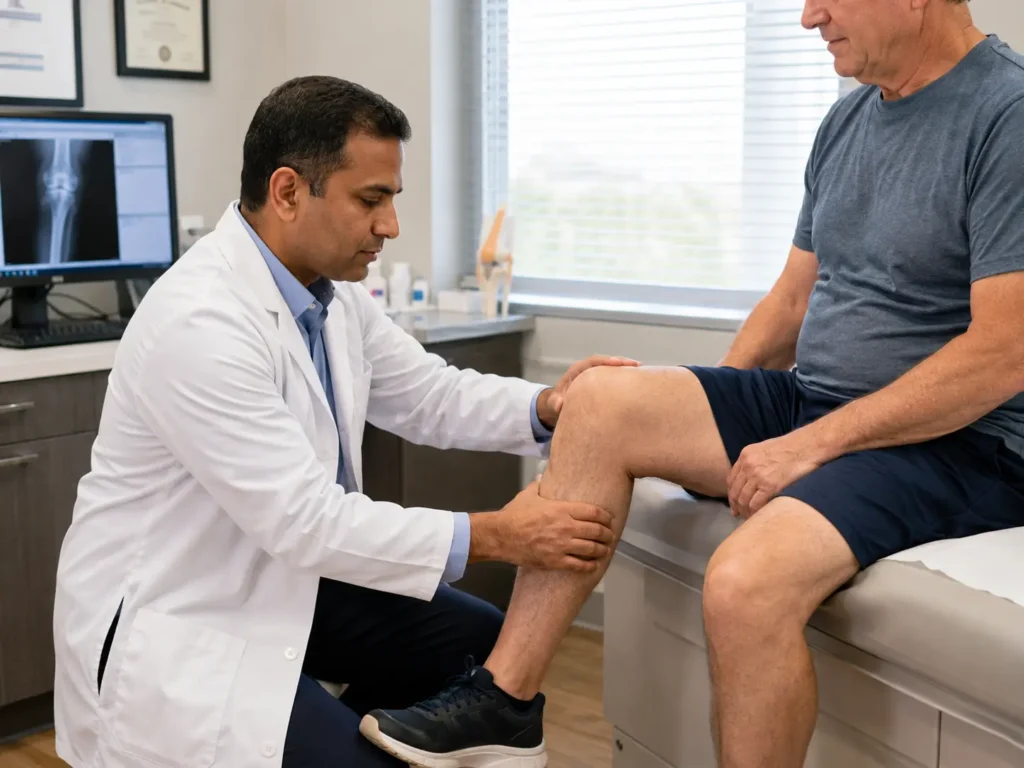 Doctor assessing knee mobility during an arthritis consultation.
